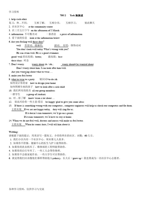 七年级下册英语(苏教版七年级)7BU2   Task知识点讲课讲稿