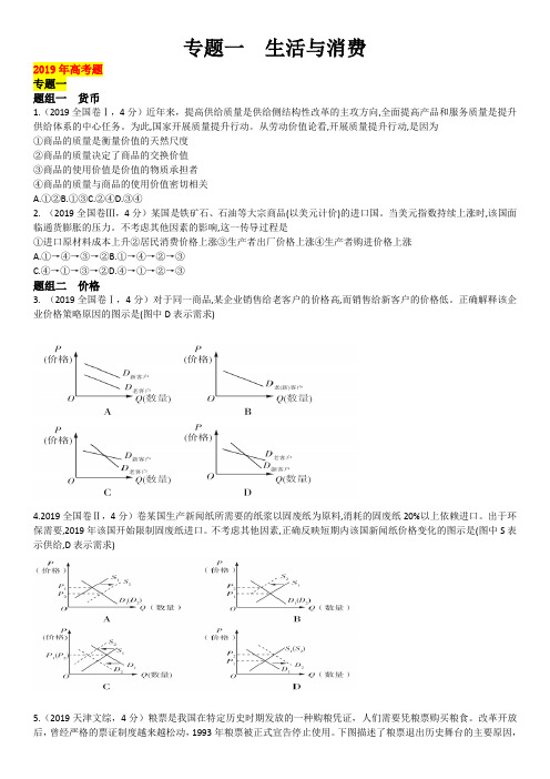经济生活五年高考真题(15—19年)五年高考真题(15—19年)专题一  生活与消费
