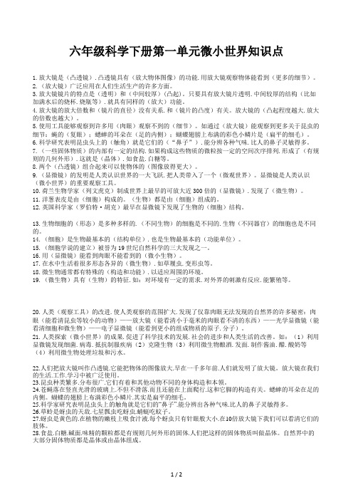 六年级科学下册第一单元微小世界知识点