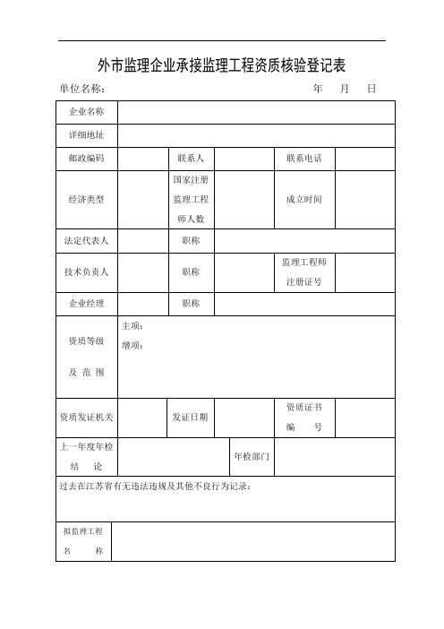 外市监理企业承接监理工程资质核验登记表