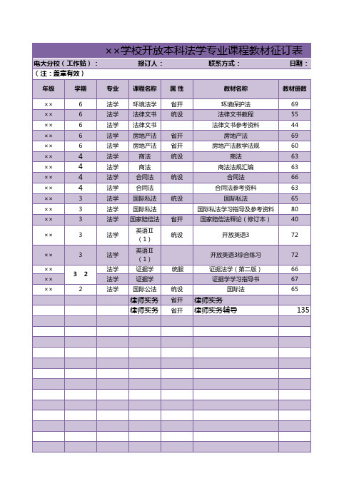 专业课程教材征订表excel模板新