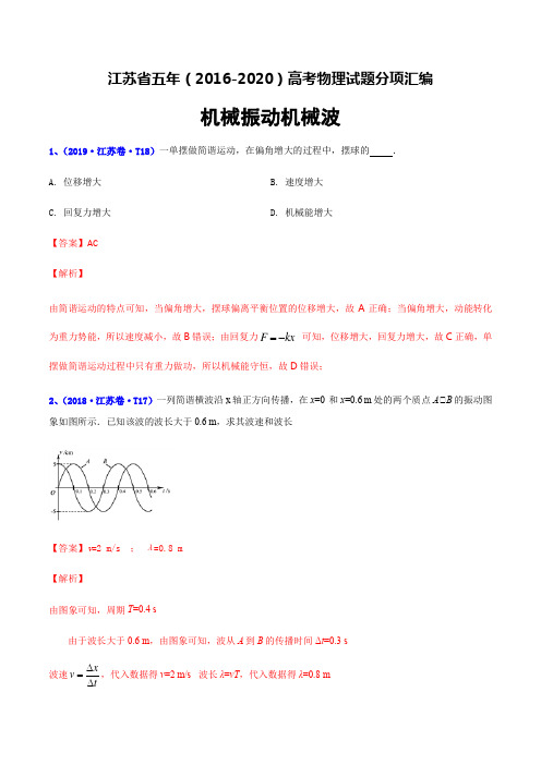 专题18 机械振动机械波-江苏省五年(2016-2020)高考物理试题分项汇编(解析版)