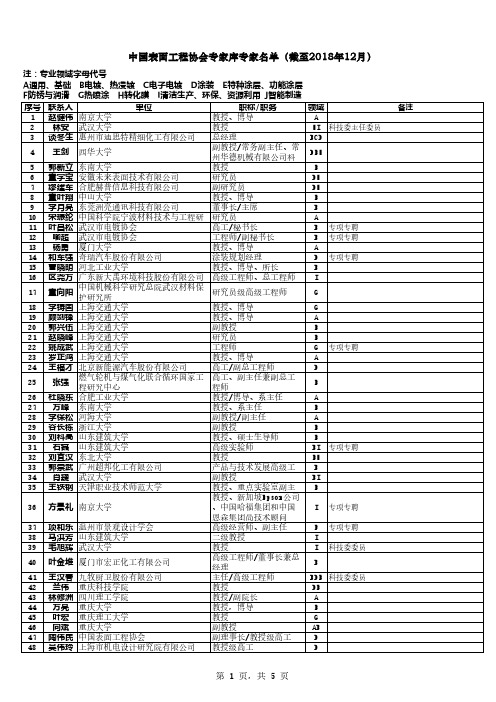 我国表面工程协会专家库专家清单(截至2018年12月)