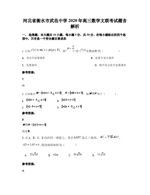 河北省衡水市武邑中学2020年高三数学文联考试题含解析