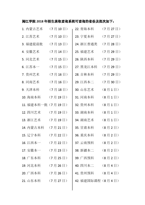 闽江学院2018年招生录取查询系统可查询的份及批次如下