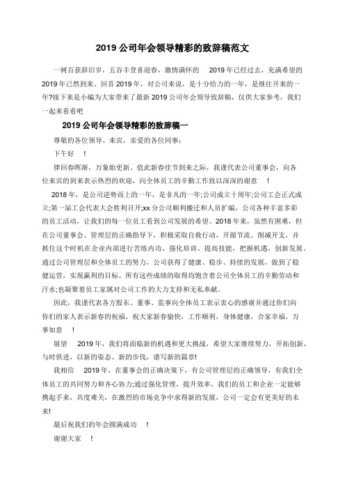 2019公司年会领导精彩的致辞稿范文