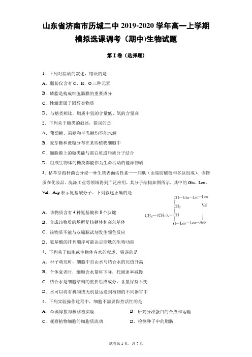 山东省济南市历城二中2019-2020学年高一上学期模拟选课调考(期中)生物试题(带答案)