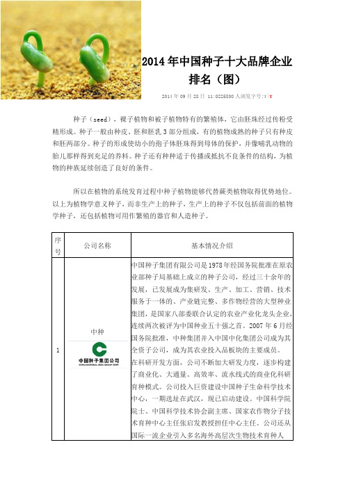 2014年中国种子十大品牌企业排名