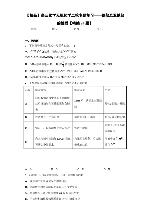 高中高三化学无机化学二轮专题复习——铁盐及亚铁盐的性质【精编24题】(答案解析)