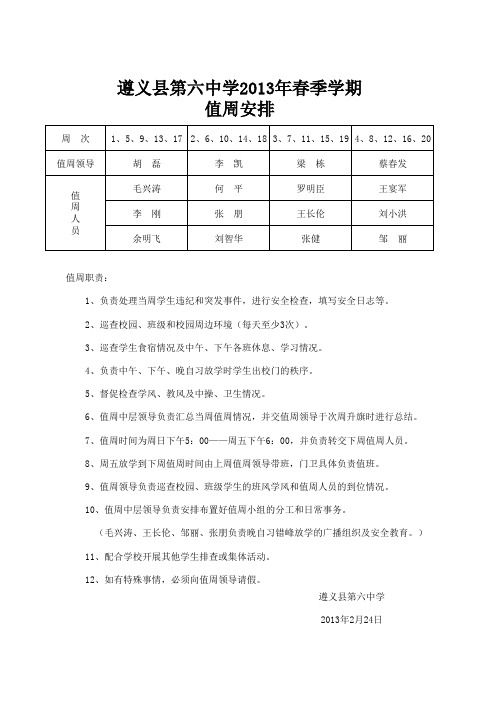 2013春值周安排