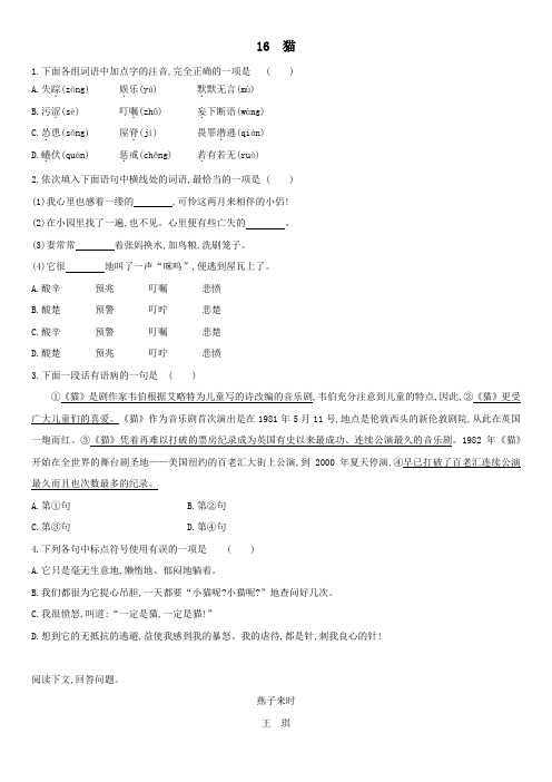 人教部编版语文七年级上册16《猫》同步练习