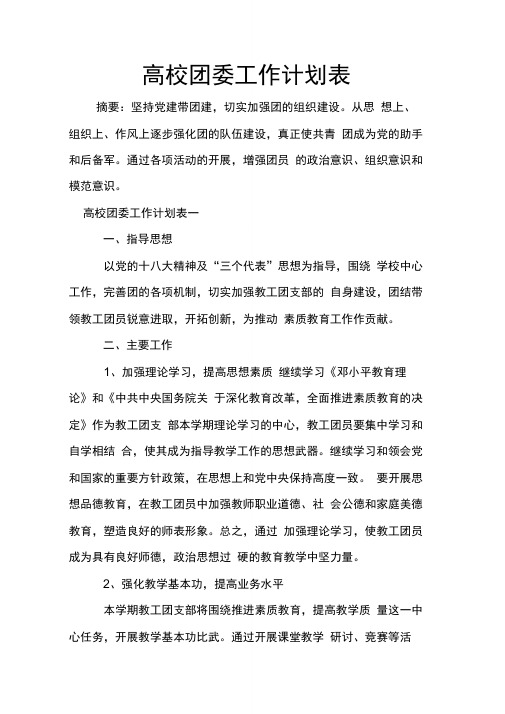 高校团委工作计划表