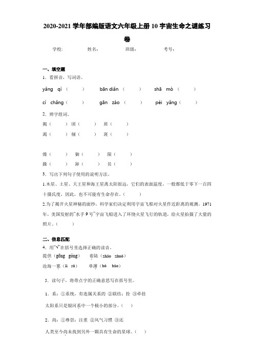 2020-2021学年部编版语文六年级上册10宇宙生命之谜练习卷 (5)
