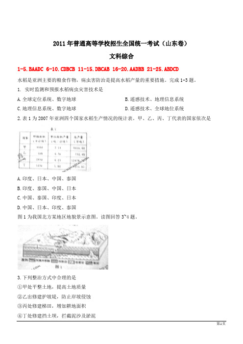 2011年山东高考文综试题与答案