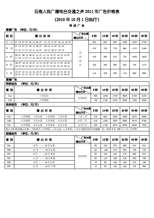 FM91.8价格表 (2011年 改)