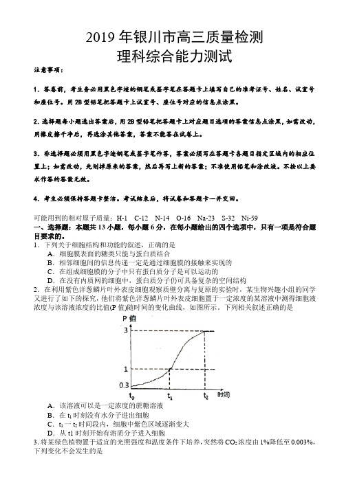 2019年宁夏银川市高三质量检测理科综合试卷