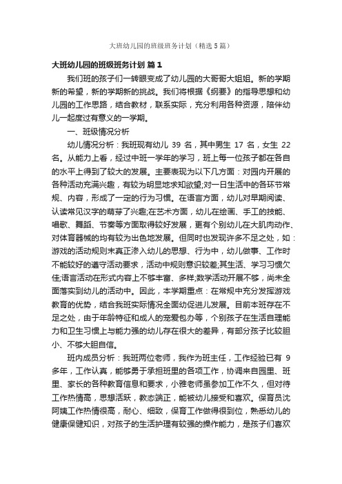 大班幼儿园的班级班务计划（精选5篇）