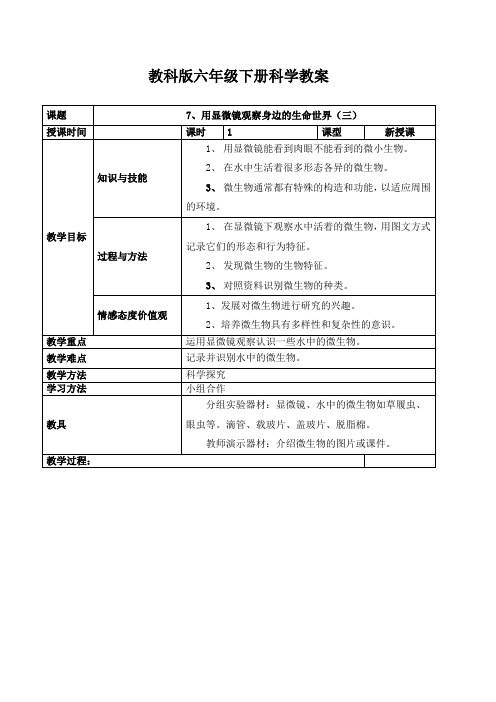 教科版六年级下册科学教案-7、用显微镜观察身边的生命世界(三)