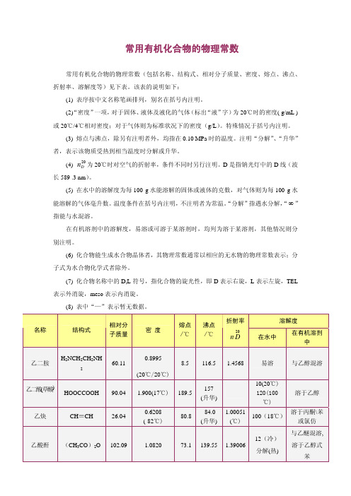 常用有机化合物的物理常数