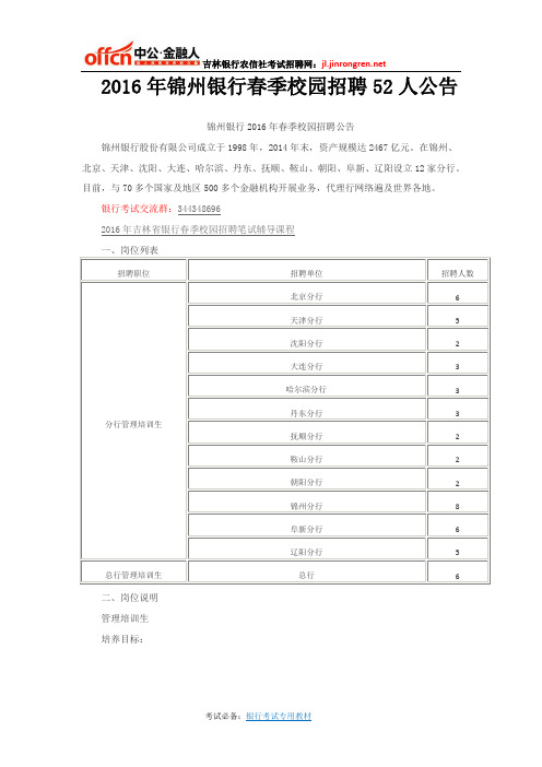 2016年锦州银行春季校园招聘52人公告