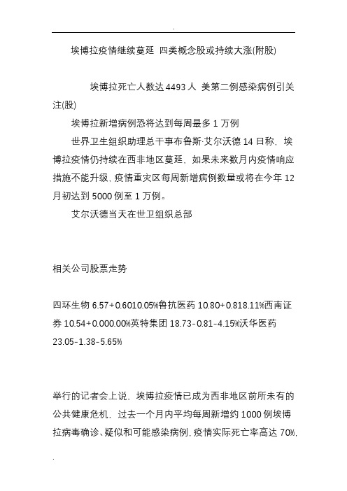 埃博拉疫情继续蔓延 四类概念股或持续大涨(附股)