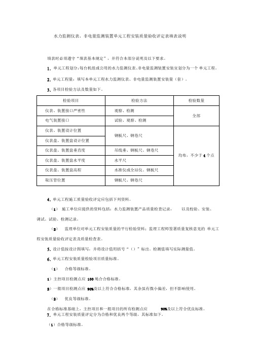 水力监测仪表、非电量监测装置单元工程安装质量验收评定表填表说明