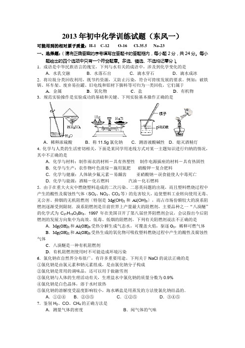 2013年初中化学模拟训练试题(一)
