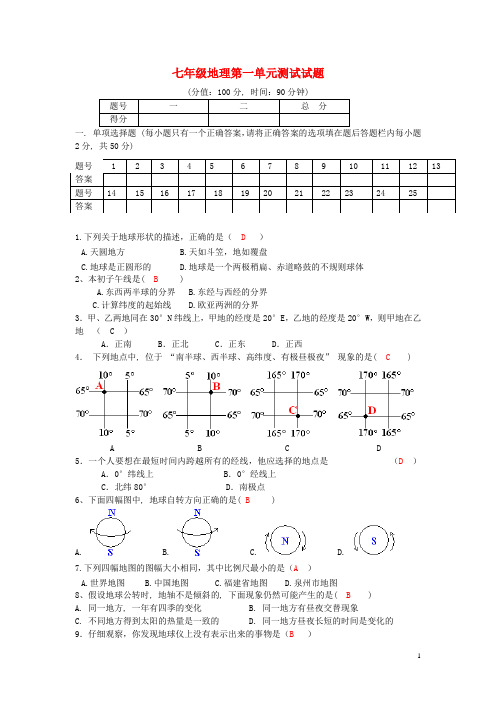 (含答案)七年级地理上册_第一单元测试题_湘教版