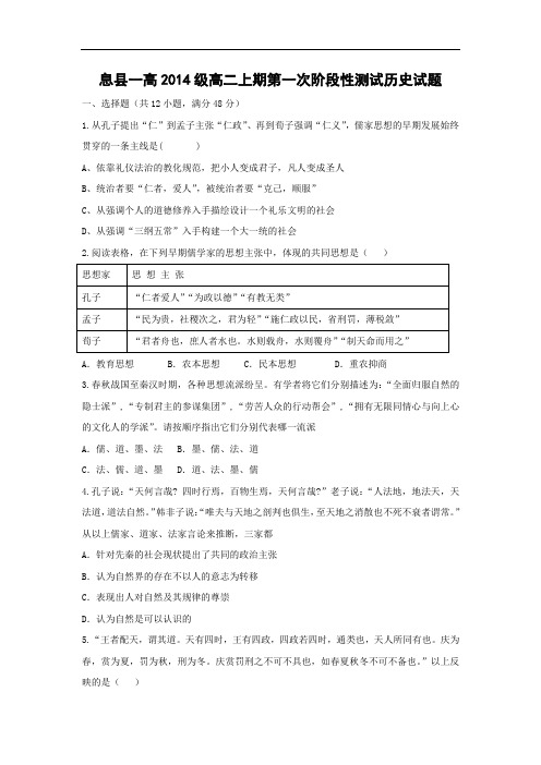 高二历史月考试题及答案-河南省信阳市息县第一高级中学2015-2016学年高二上学期第一次适应性考试