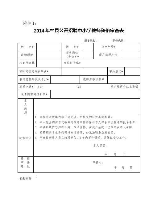 2014年XX县公开招聘中小学教师资格审查表【模板】