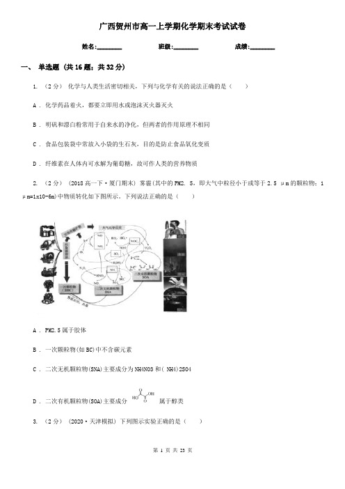 广西贺州市高一上学期化学期末考试试卷