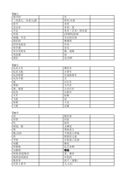 人教精通版五年级下册英语单词表