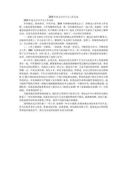 2019年电力公司个人工作总结