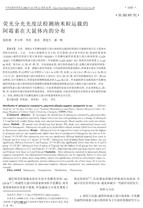 纳米运载的阿霉素在大鼠体内的分布