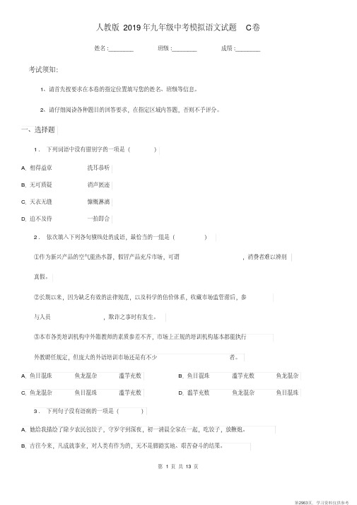 (精品文档)人教版2019年九年级中考模拟语文试题C卷