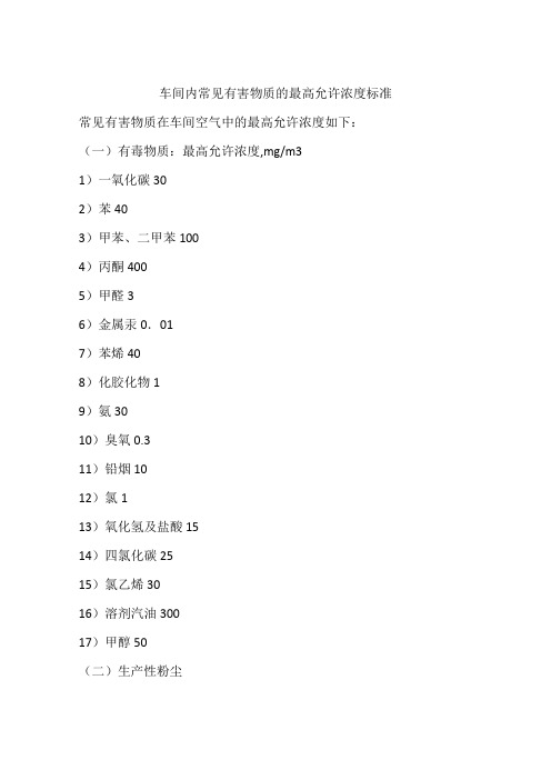 车间内常见有害物质的最高允许浓度标准