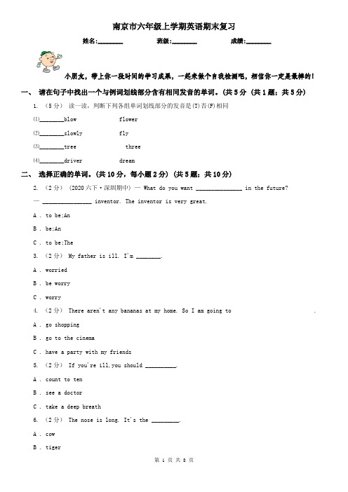 南京市六年级上学期英语期末复习