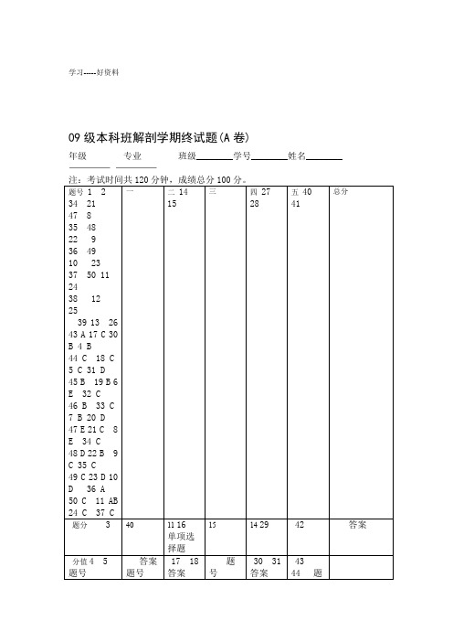解剖学期末考试试题及参考答案汇编