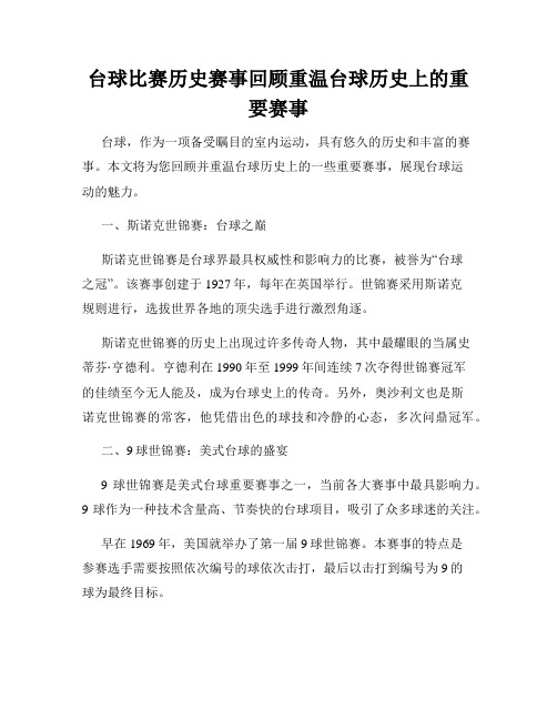 台球比赛历史赛事回顾重温台球历史上的重要赛事
