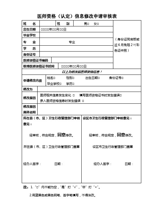 医师资格(认定)信息修改申请审核表