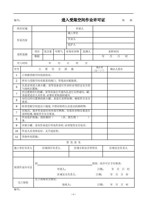 有限空间作业许可证【范本模板】