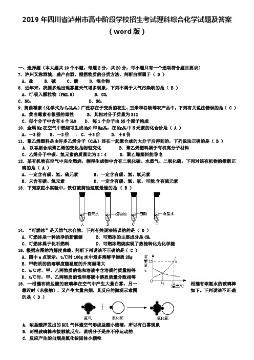2019年四川省泸州市高中阶段学校招生考试理科综合化学试题及答案(word版)