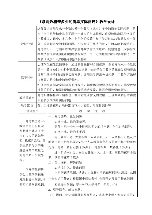 一年级下册数学教案及教学反思-4.11 求两数相差多少的简单实际问题丨苏教版