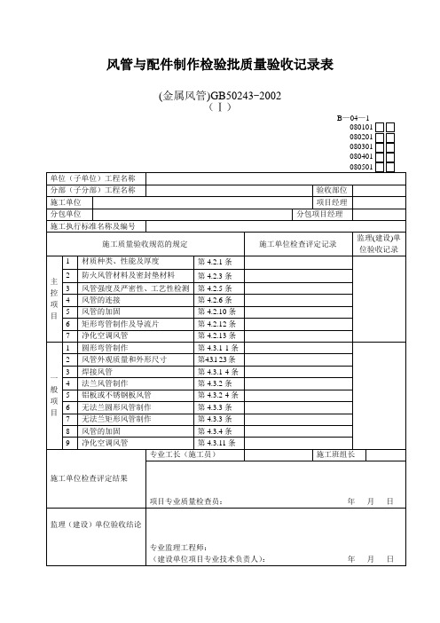 风管与配件制作检验批质量验收记录表(金属风管)