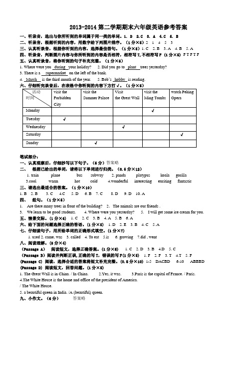 20132014第二学期期末六年级英语参考答案