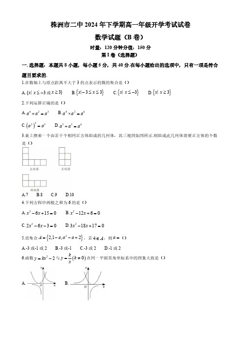 湖南省株洲市第二中学2024-2025学年高一上学期开学考试数学试题(B卷)(含解析)