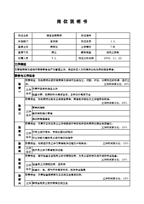西餐主厨厨师员工岗位说明书.doc