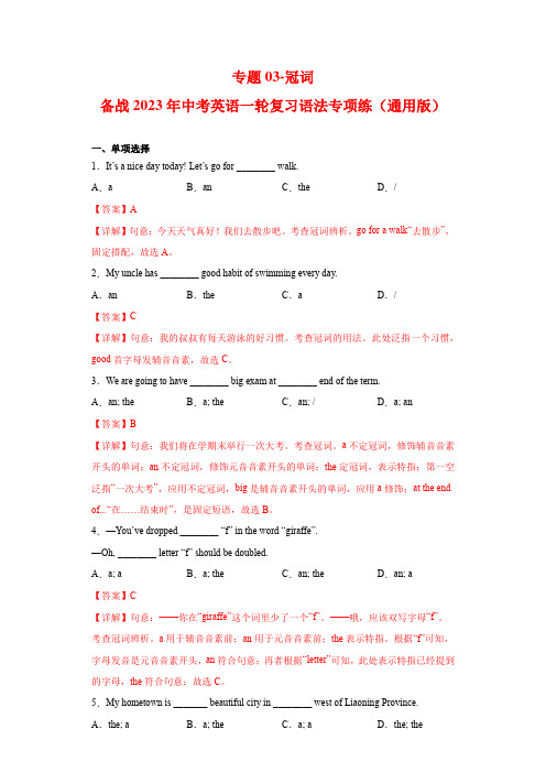 专题03-冠词-备战2023年中考英语一轮复习语法专项练(通用版)(解析版)