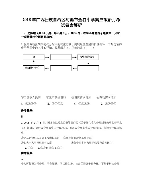 2018年广西壮族自治区河池市金谷中学高三政治月考试卷含解析