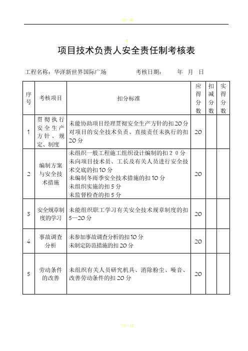 项目管理人员安全生产责任制考核表